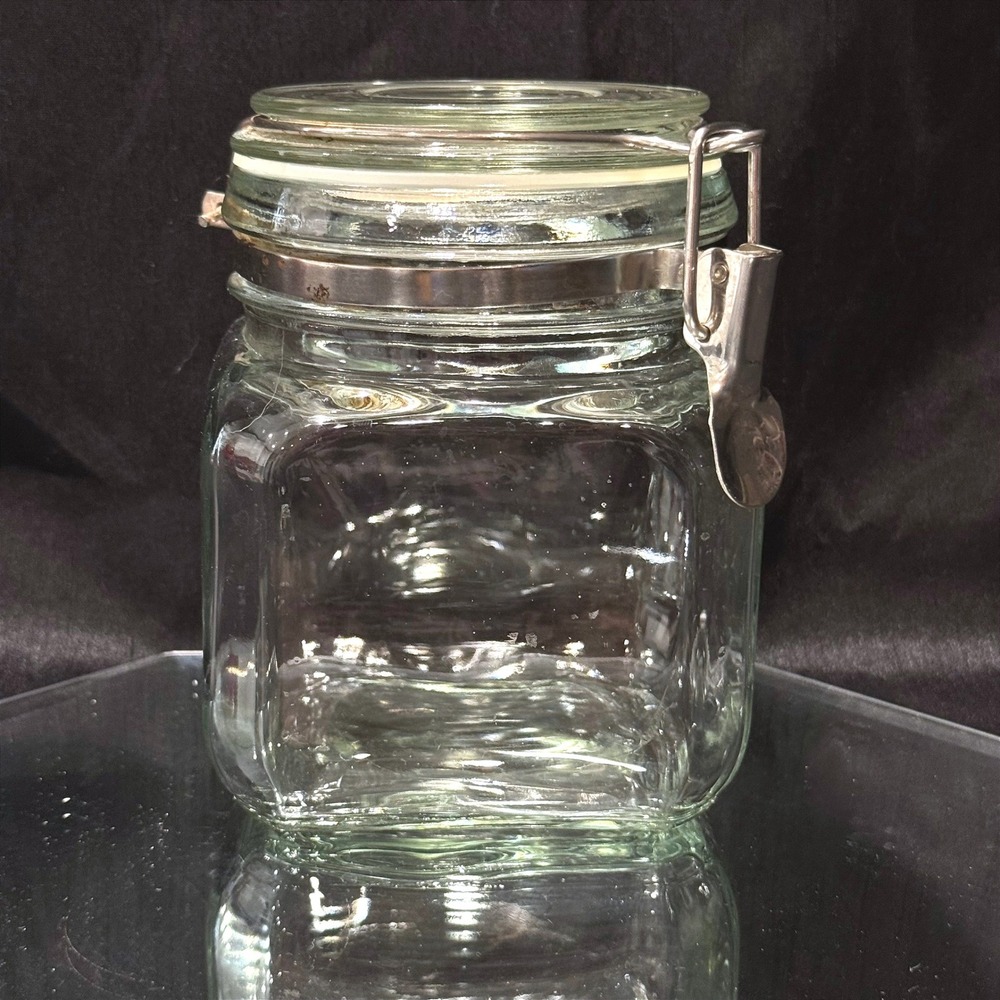 Vintage Italian Clear Square Airtight Glass Jar Wire Bale Clamp Lid Canister